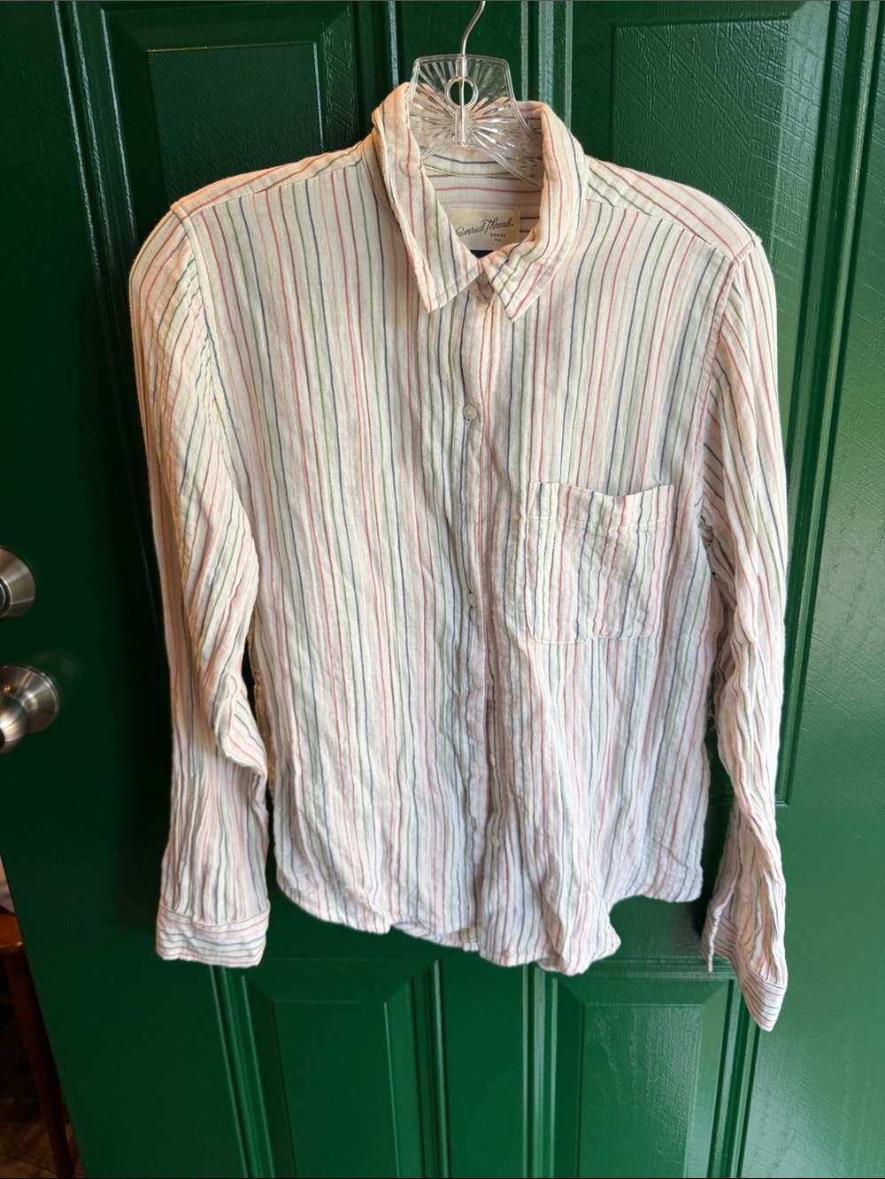 Universal Thread White Button-Up Shirt with Thin Multi-Color Stripes
